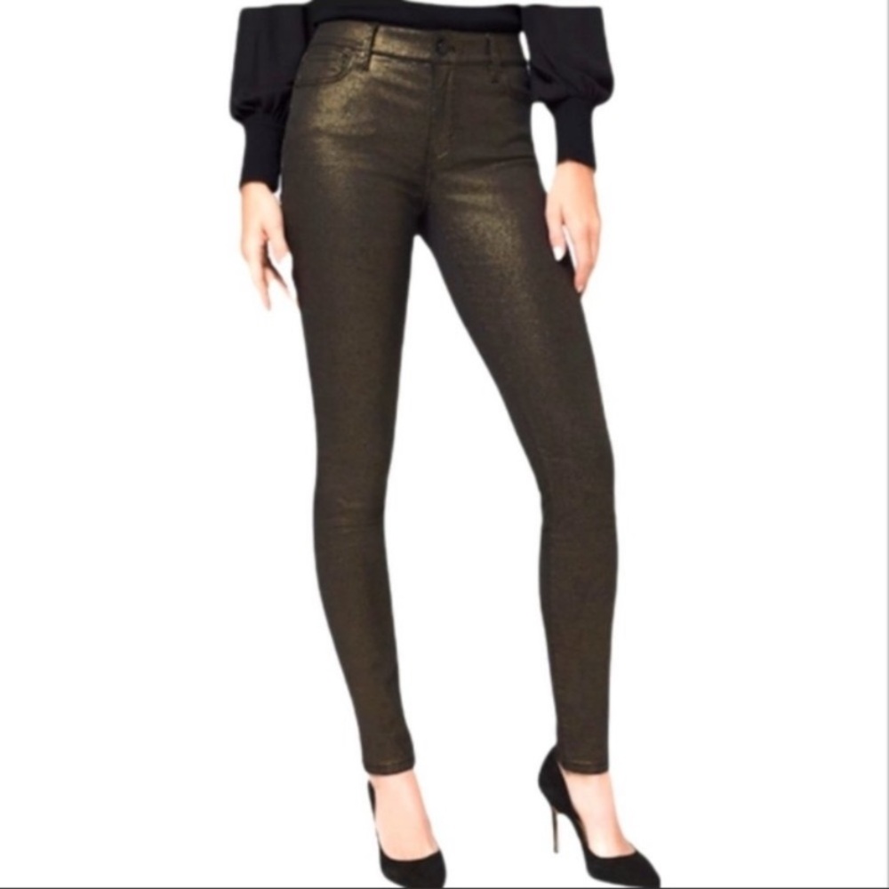 WHBM Metallic Skinny Jeans Midrise Black Gold Womens Size 8 Long